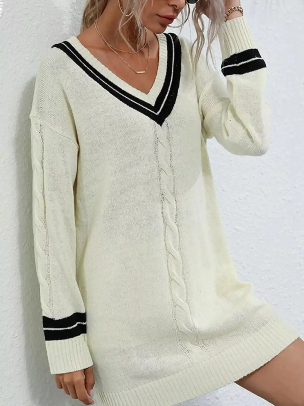 Striped Knit V Neck Sweater Dress
