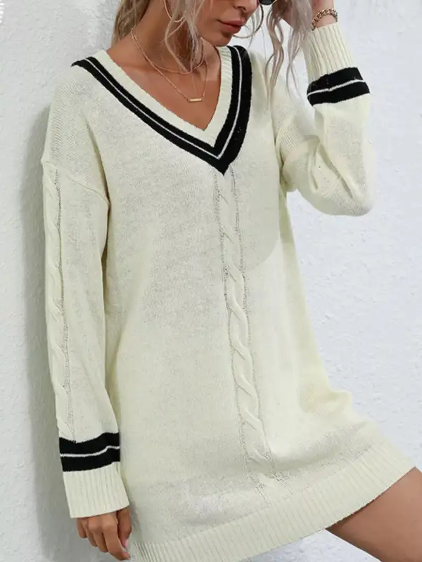 Striped Knit V Neck Sweater Dress