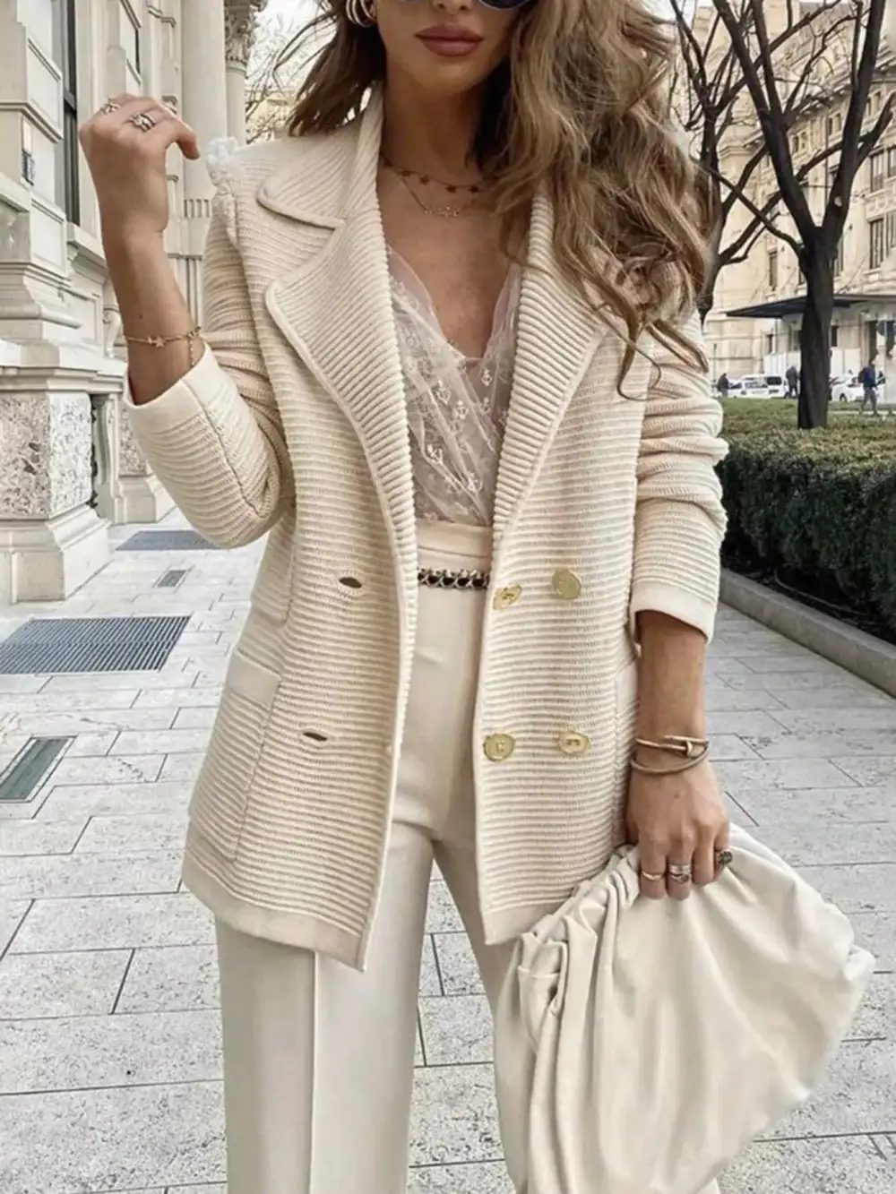Double-Breasted Textured-Knit Blazer