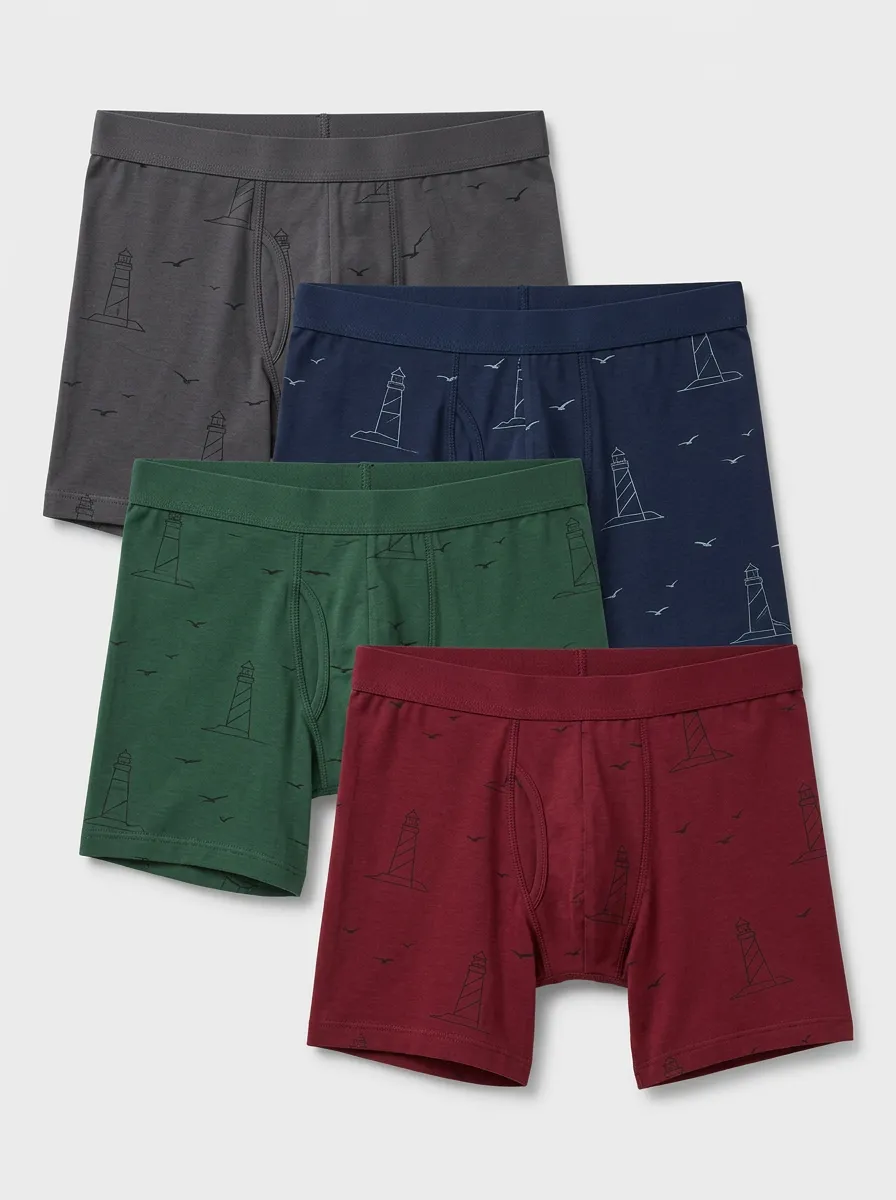Men's 4-Pack Lighthouse-Bird Tonal-Waist Trunk Briefs
