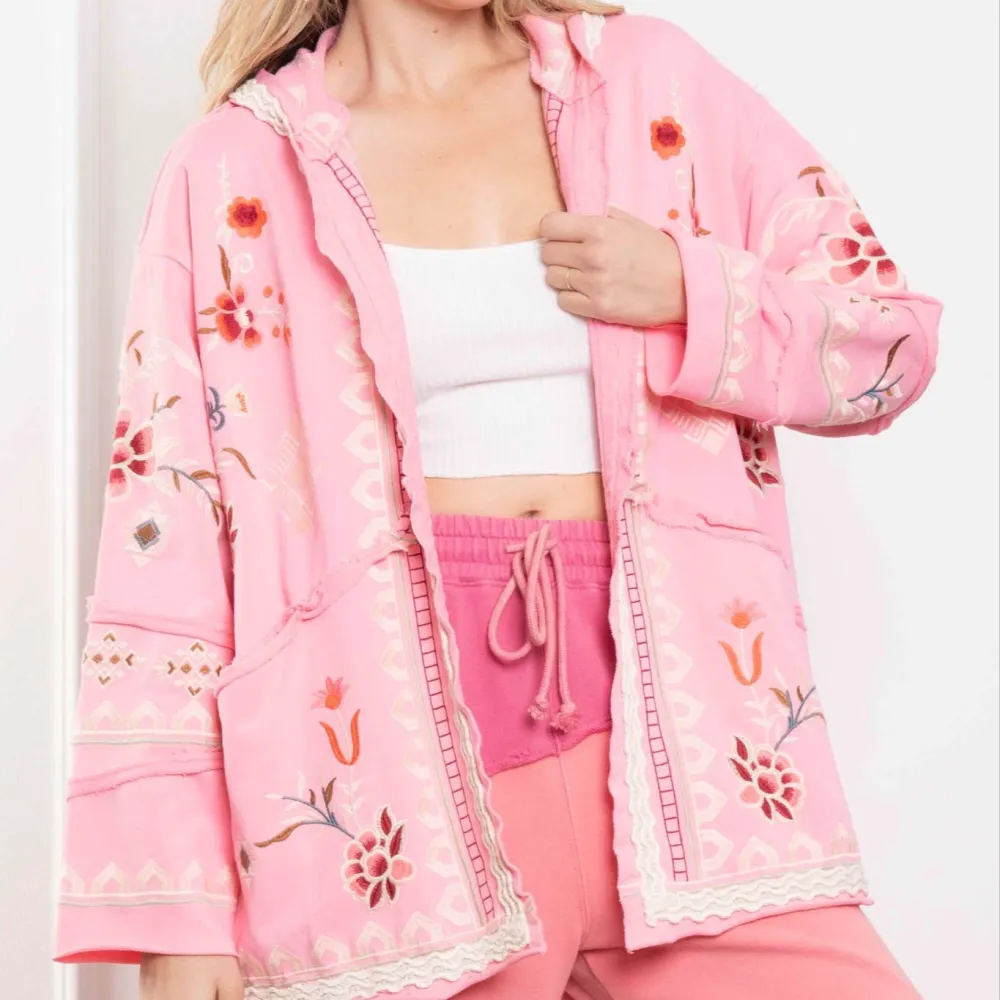 Open Front Lace Detail Floral Detail Hooded Cardigan
