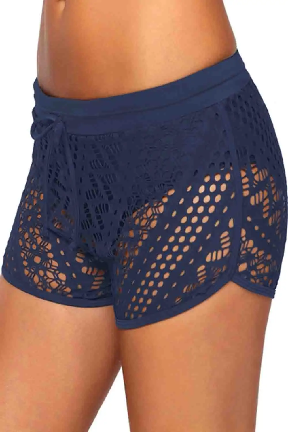 Swimwear Lace Panel Drawstring Waist Plus Size Swim Shorts