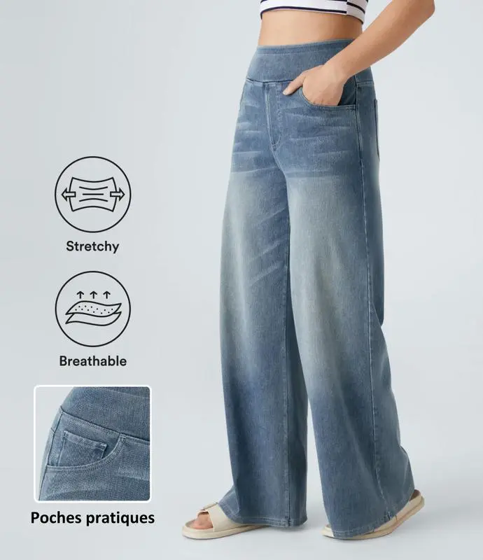 2026🔥  High Waisted Multiple Pockets Baggy Wide Leg Washed Stretchy Knit Casual Jeans