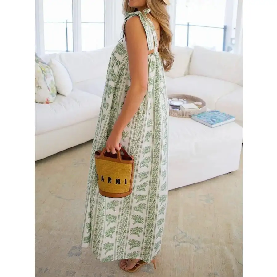 Printed Tie Shoulder Square Neck Midi Dress
