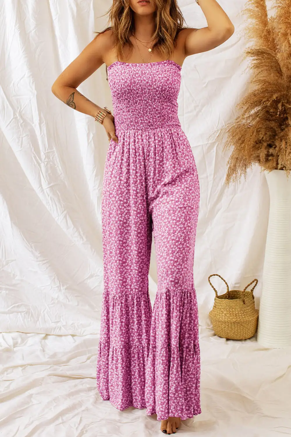 Thin Straps Smocked Bodice Wide Leg Accessory