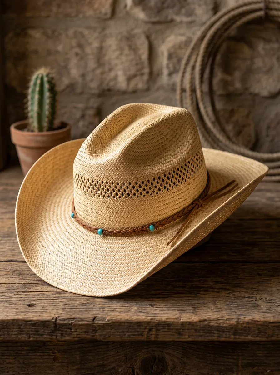 Unisex Bead Accents Straw Western Cowboy Hat