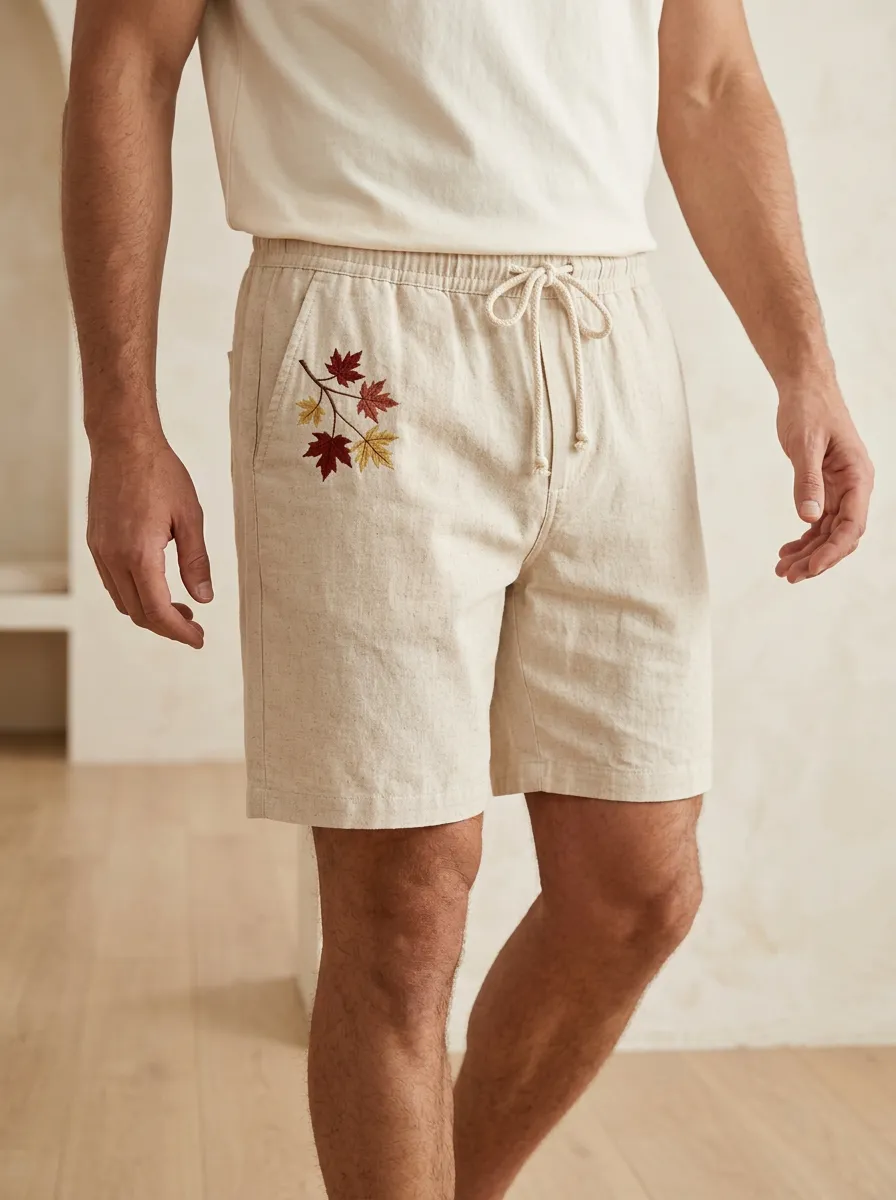 Embroidered Leaf Detail Drawstring Pocket Shorts
