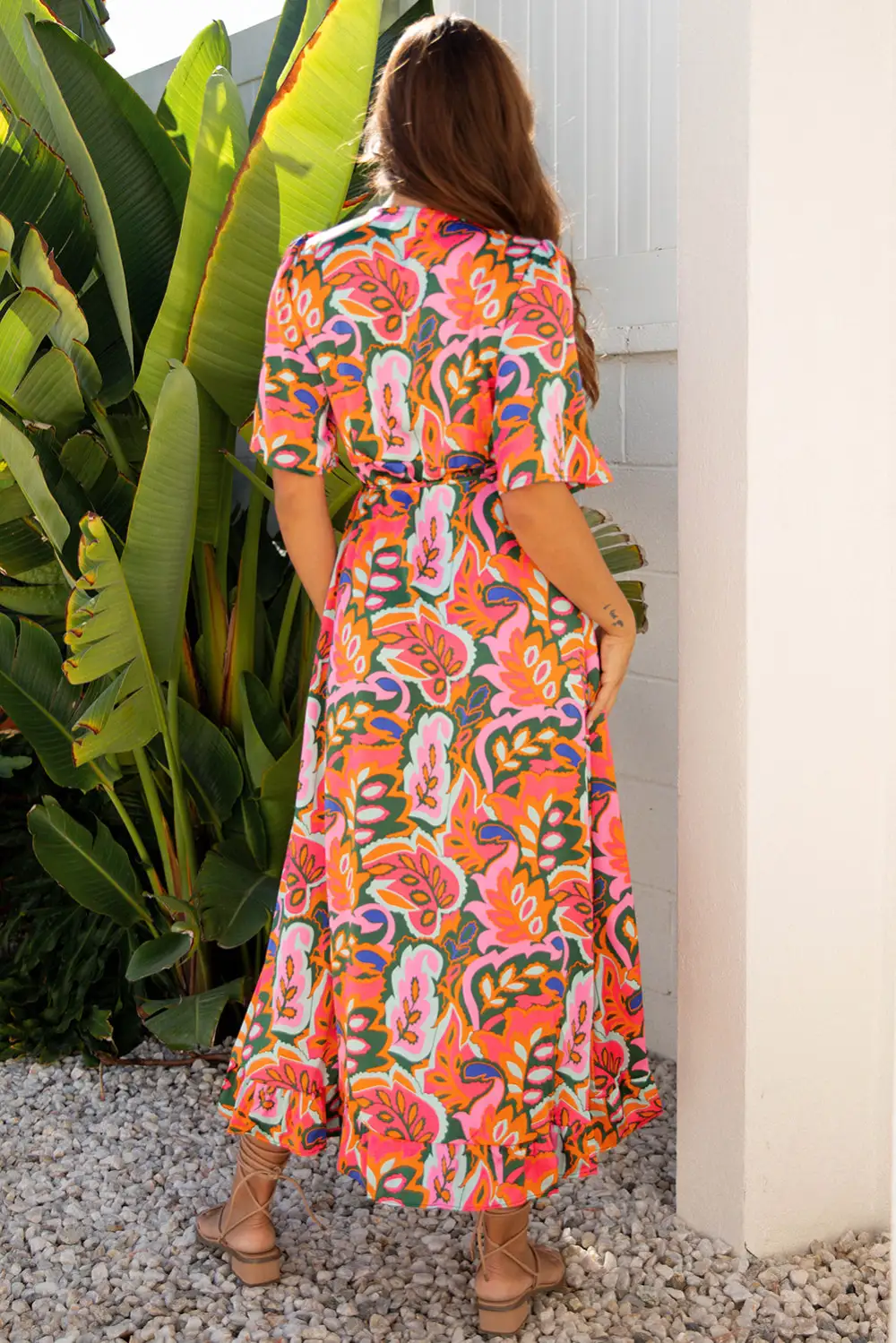 Summer Plant Print Surpliced V Neck Ruffled Asymmetric Slit Wide Short Sleeve Maxi Dress