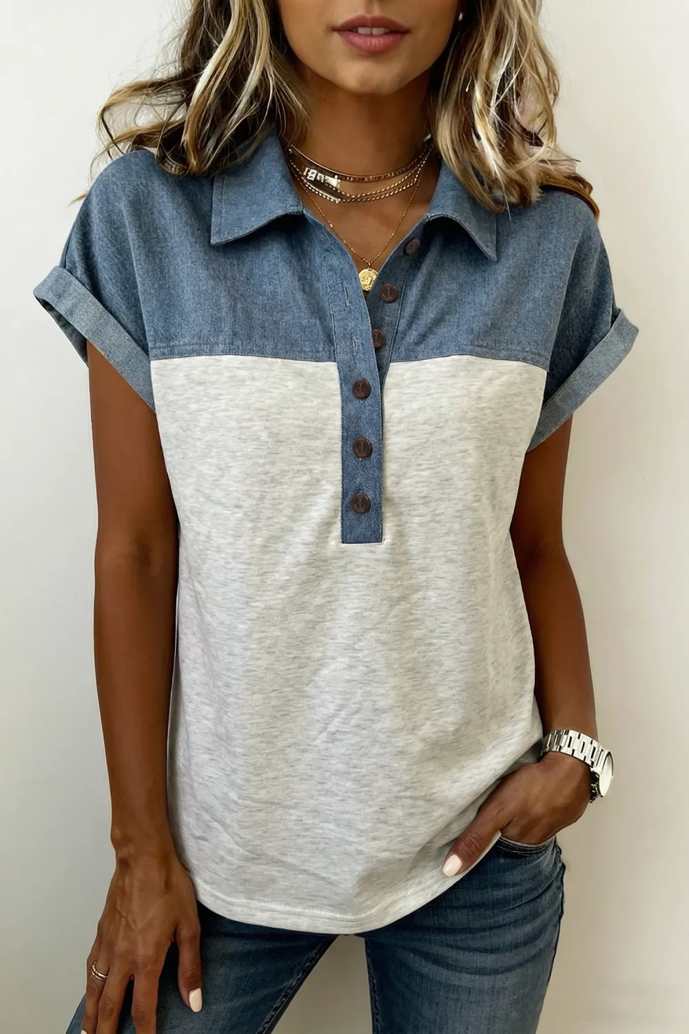Light Grey Block Denim Patchwork Top