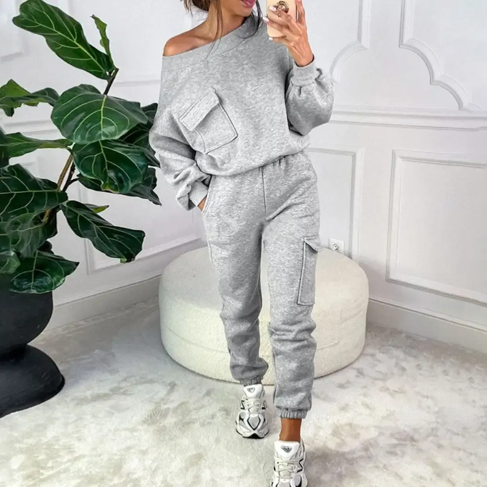 Solid color Pocket Design Trousers and long sleeve sweatshirt suit