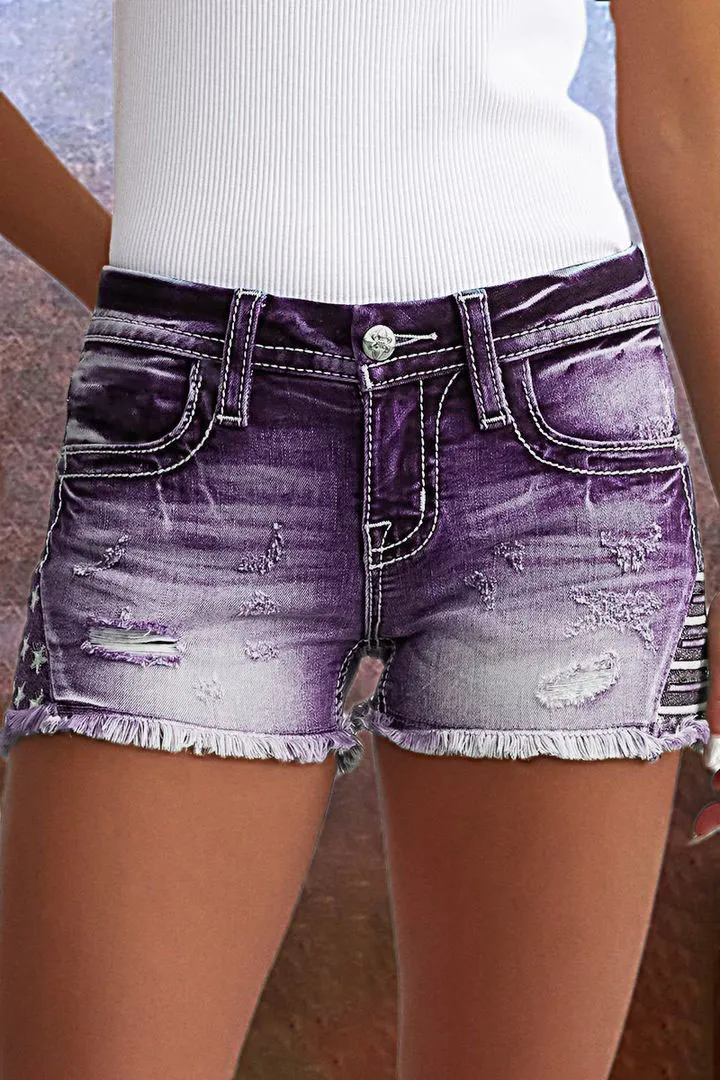 Embroidered Ripped Raw Hem Denim Shorts