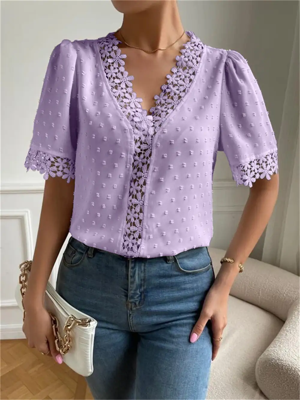 Lace Trim V-Neck Short Sleeve Blouse