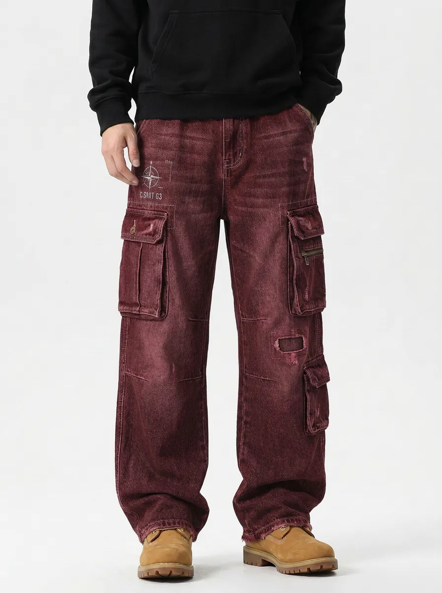 Men's Blue Distressed Mid Blue Zip Utility Pocket Compass Graphic Cargo Pants