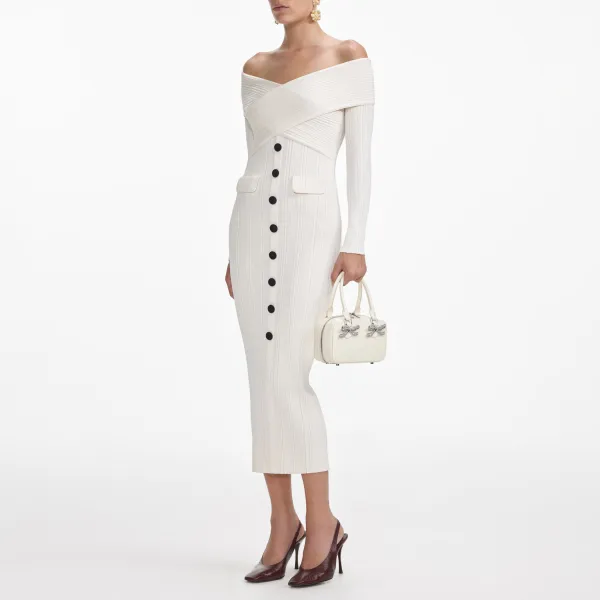 Cream Off Shoulder Knit Midi Dress