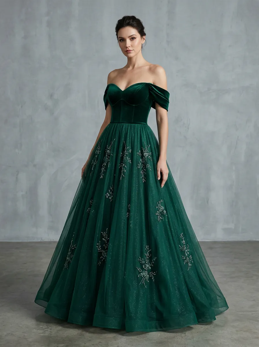 Women's Velvet Off-Shoulder Floral Embroidered Tulle Evening Gown