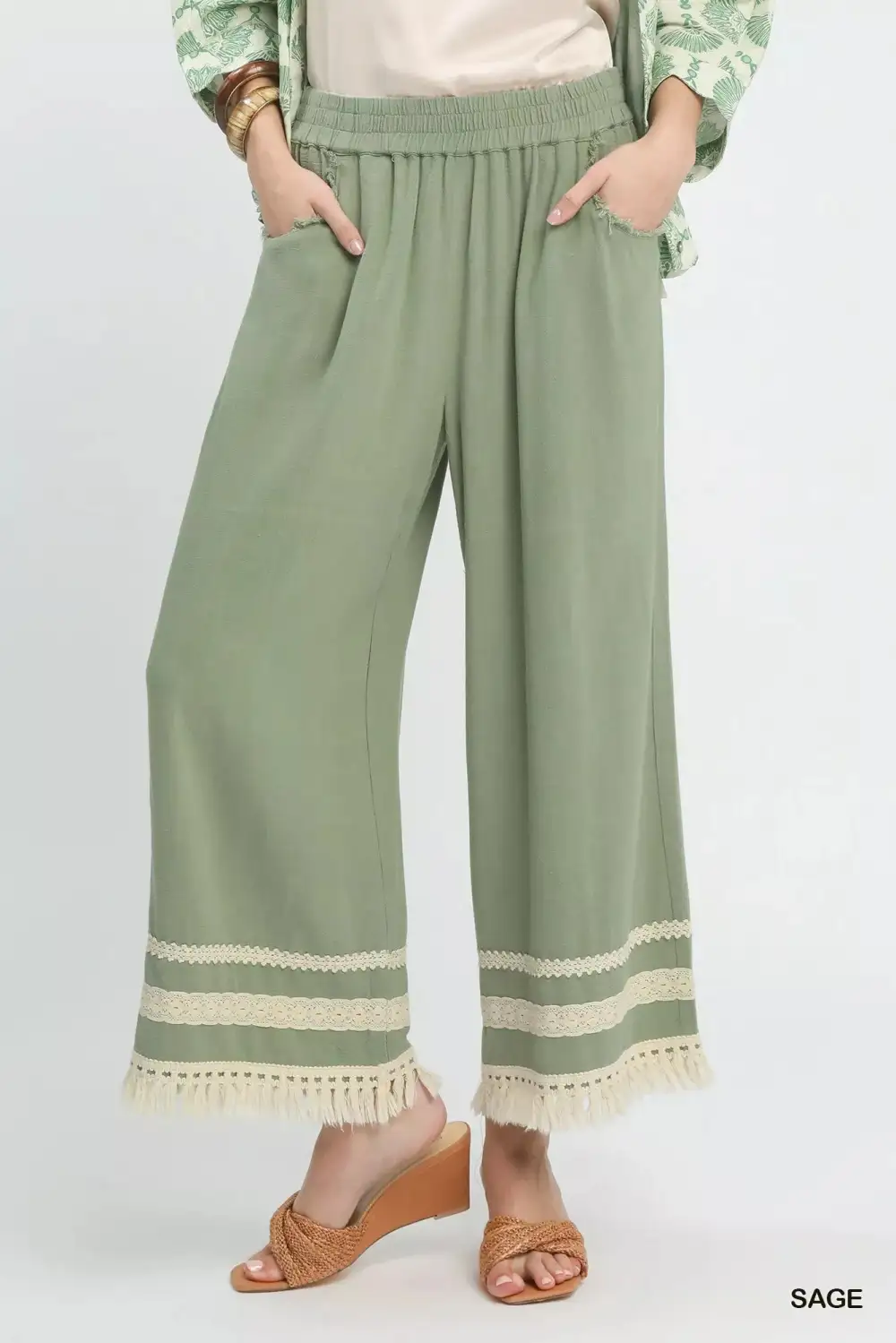Lace Trim Fringe Hem Wide Leg Pants