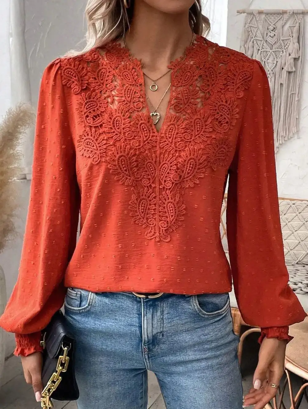 Breezy Lace Detail V Neck Blouse