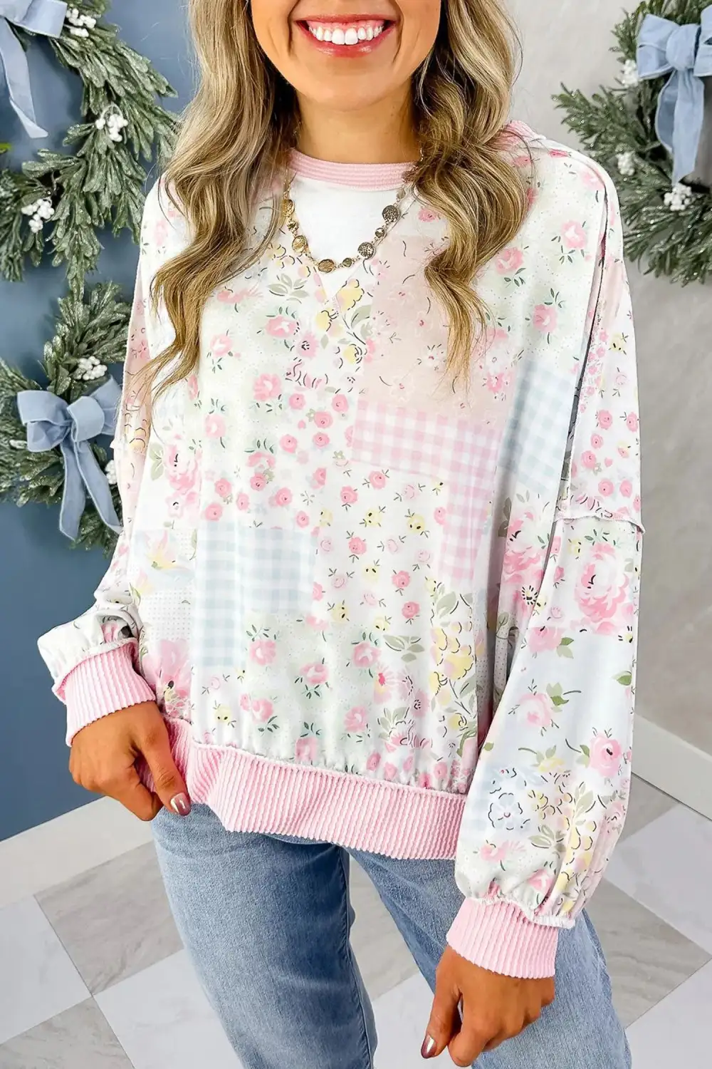 Plaid Ribbed Relaxed Stretch Fabric Long Sleeve Top