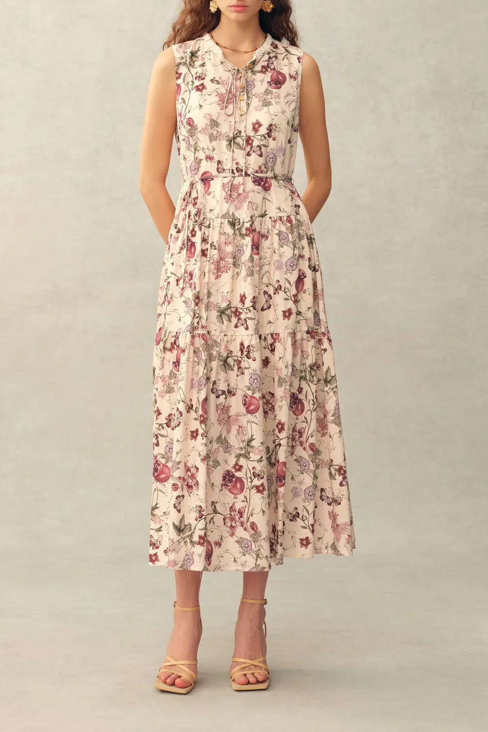 Tiered Printed Floral Linen Blend Dress