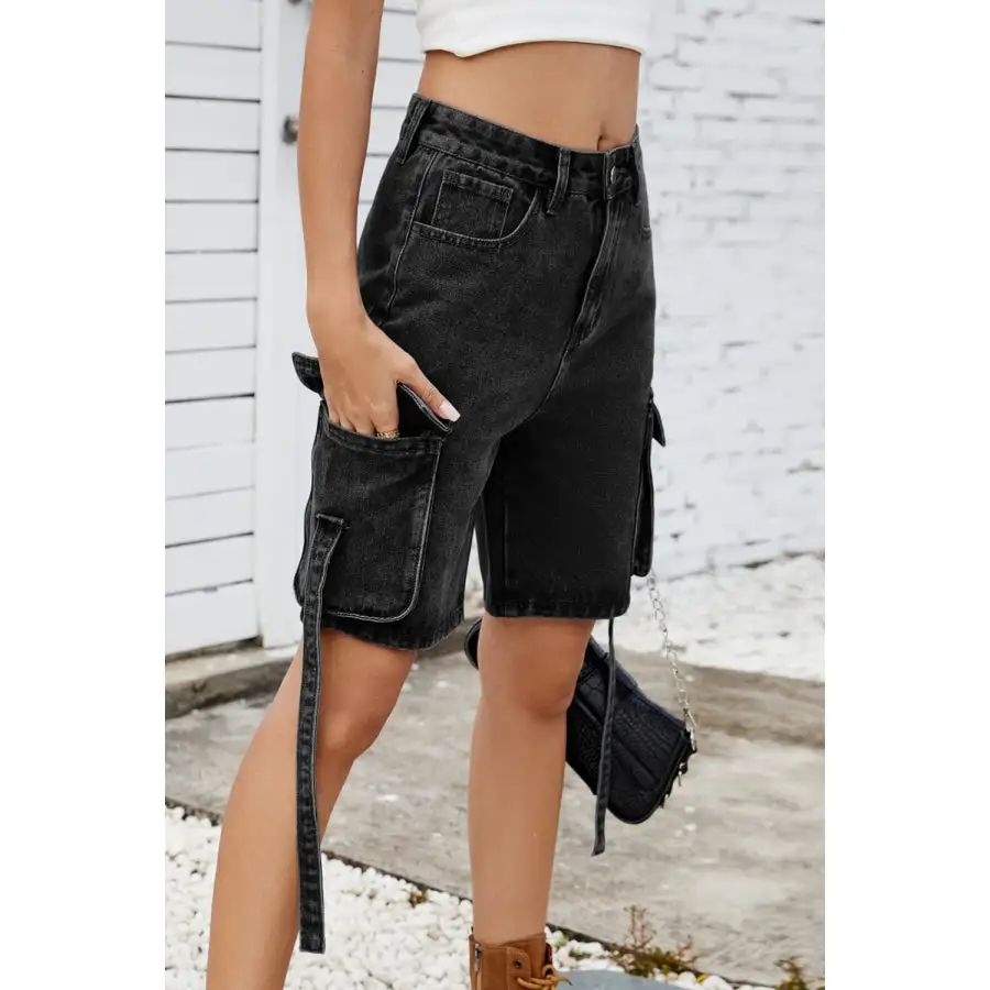 Pocketed Cargo Washed Denim Shorts