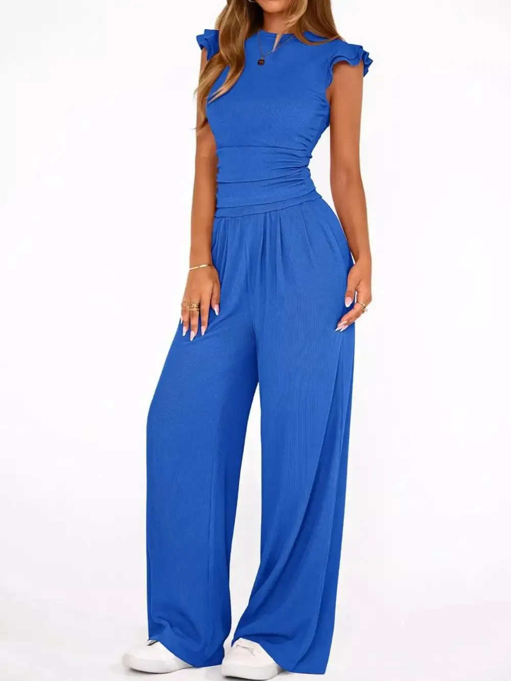 Ruffled Mock Neck Top and Wide Leg Pants Set