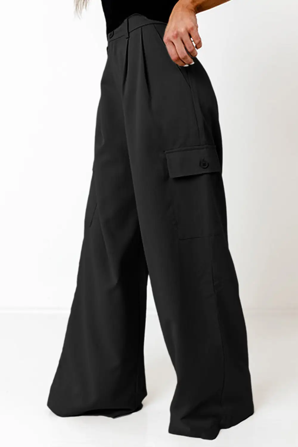 Ruched Wide Leg Pants With Pocket