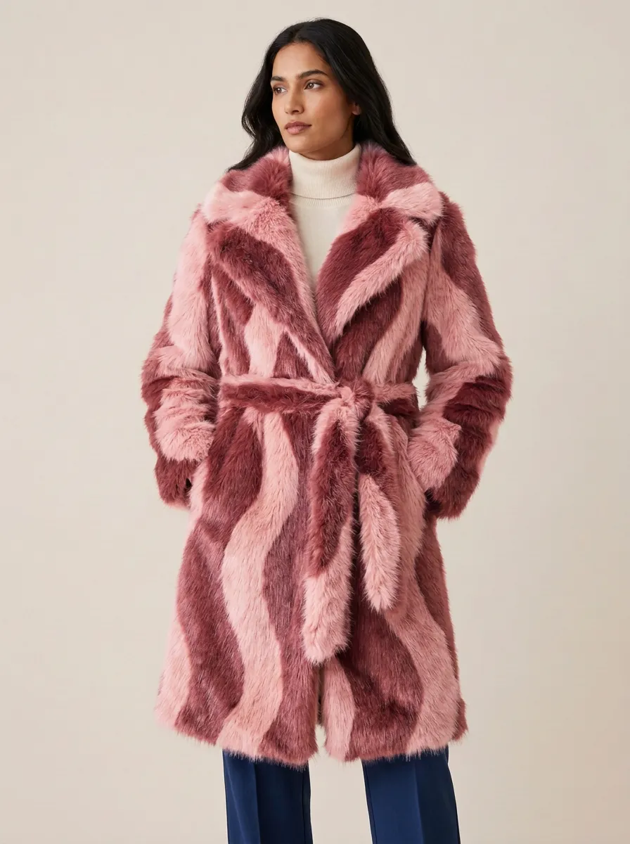 Vintage Style Striped Pattern Printed Faux Fur Coat