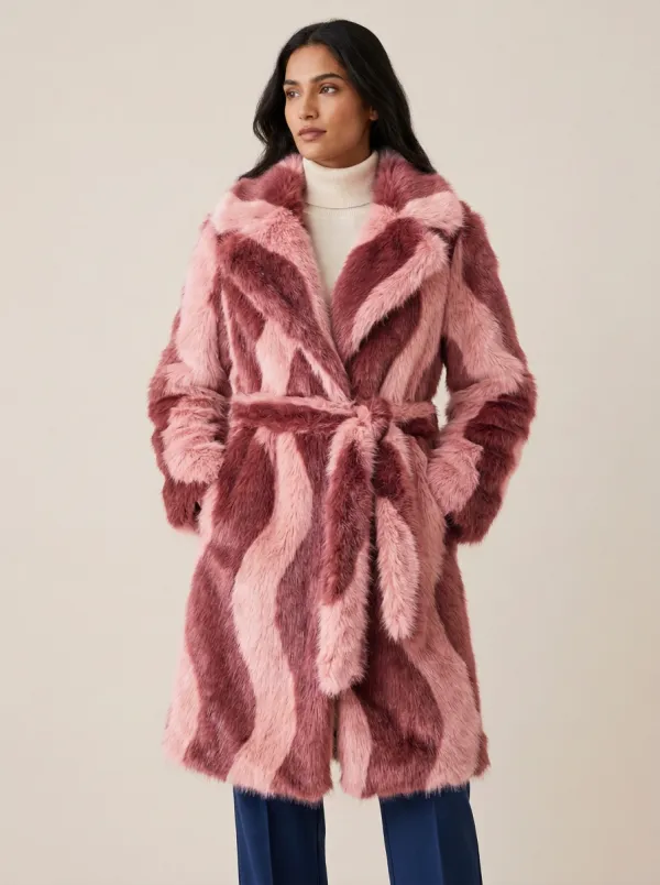 Vintage Style Striped Pattern Printed Faux Fur Coat