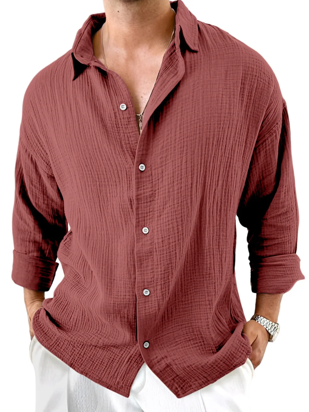 Roomy Long Sleeve Camp Collar Pleated Front Shirt