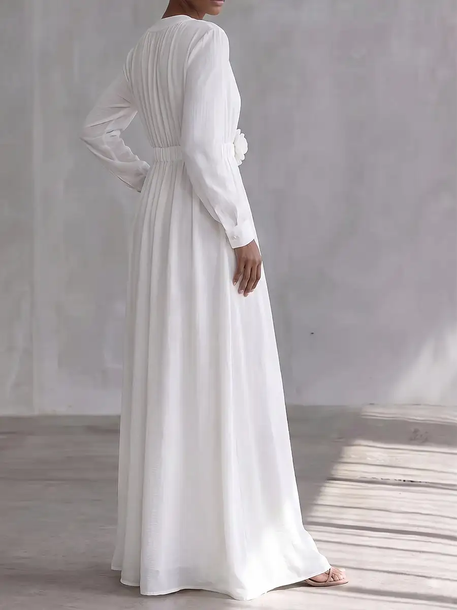 Pockets Pleated Long Neck Maxi Dress