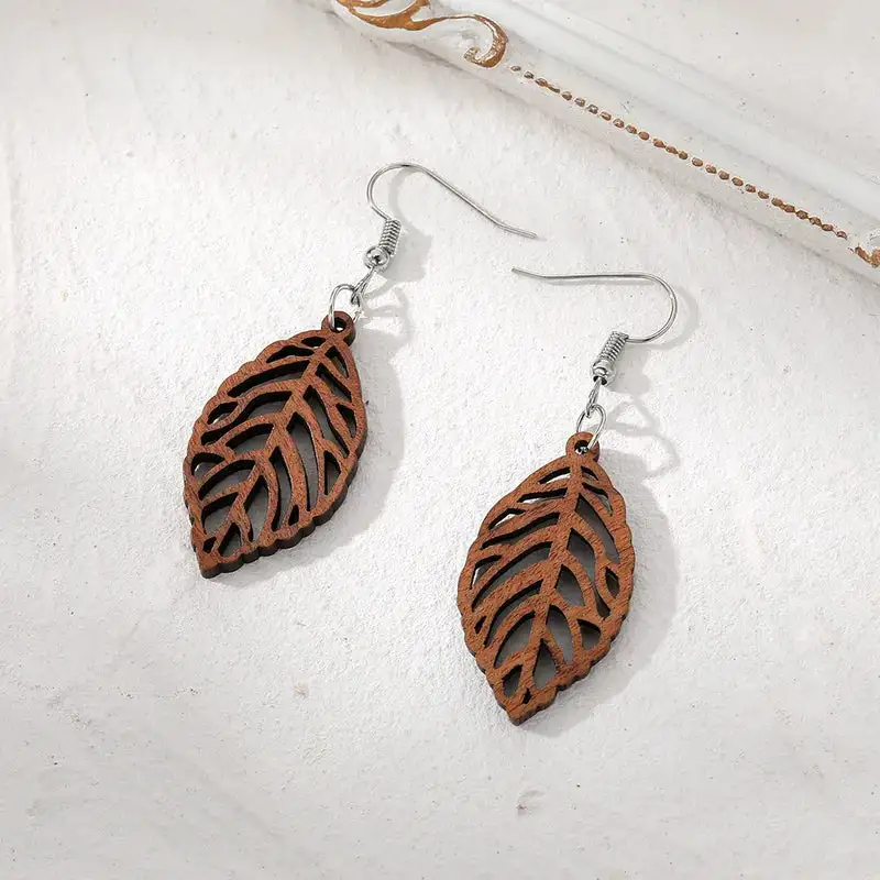 Wooden Alloy Leaf Openwork Statement Earrings