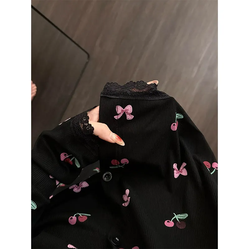 Cherry and Bow Lace Trim Pajama Set