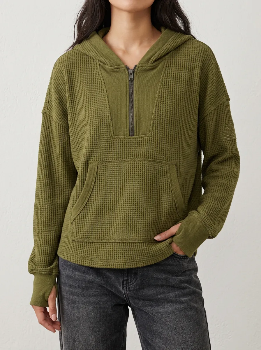Heritage Inspired Waffle Knit Quarter Zip Hooded Top