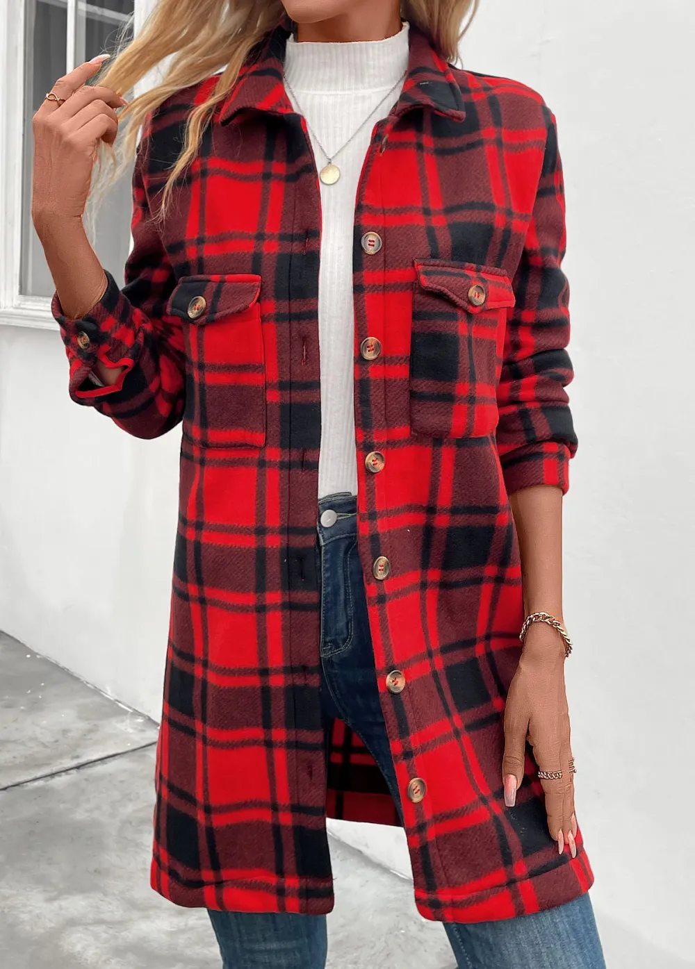 Red Pocket Plaid Long Sleeve Turn Down Collar Coat