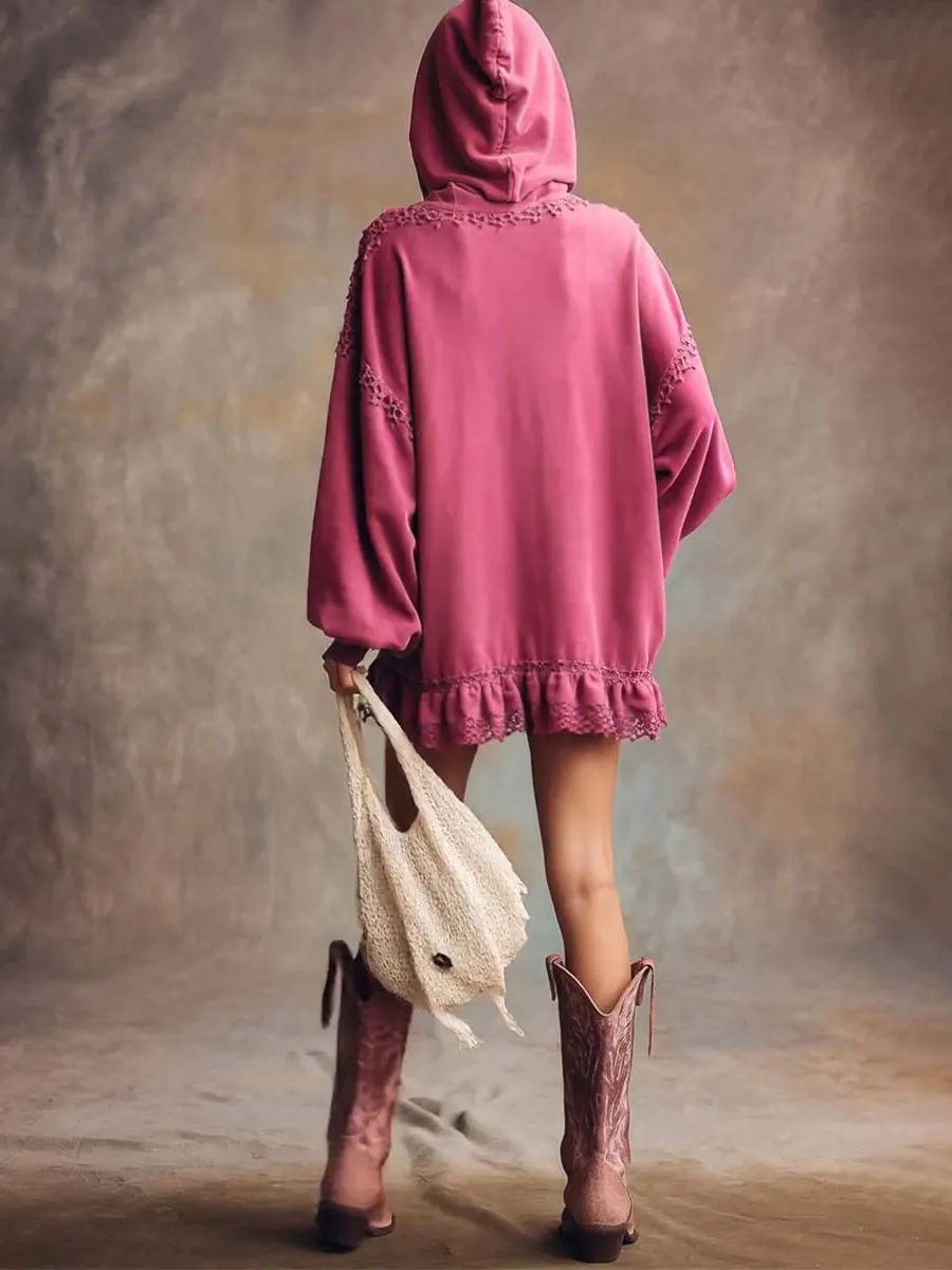 Lace Trimmed Ruffled Hem Hooded Mini Dress