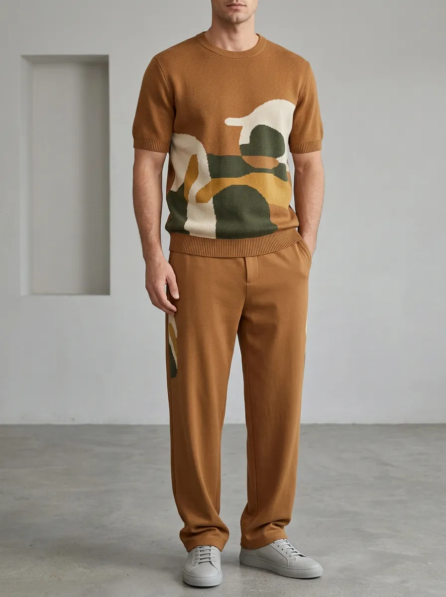 Men's Abstract Geometric Pattern Printed Knit Casual Set