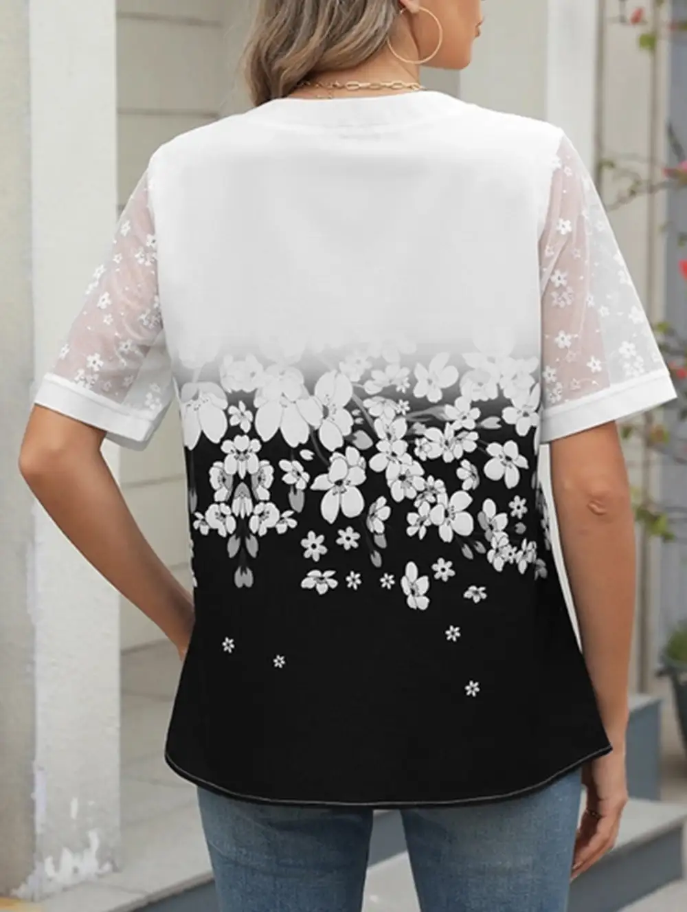Printed Lace Detail Blouse