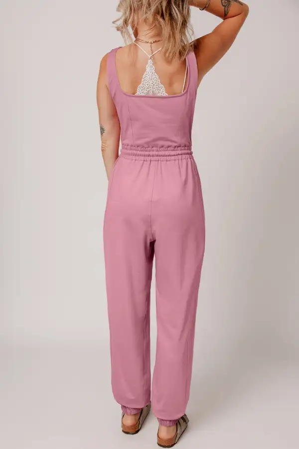 Lace Up Elastic Waist Sleeveless Square Jumpsuit