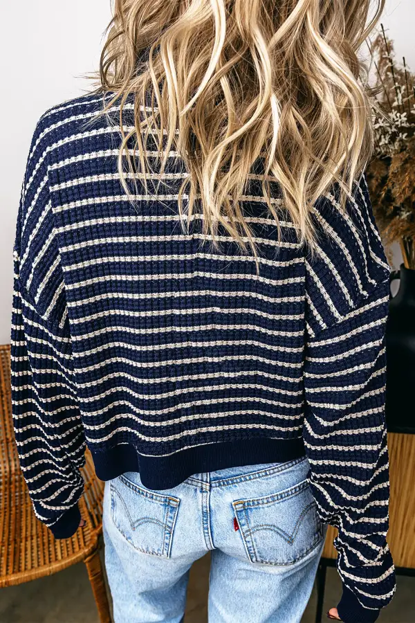 Refined Striped Ribbed Relaxed Stretch Fabric Long Sleeve Top