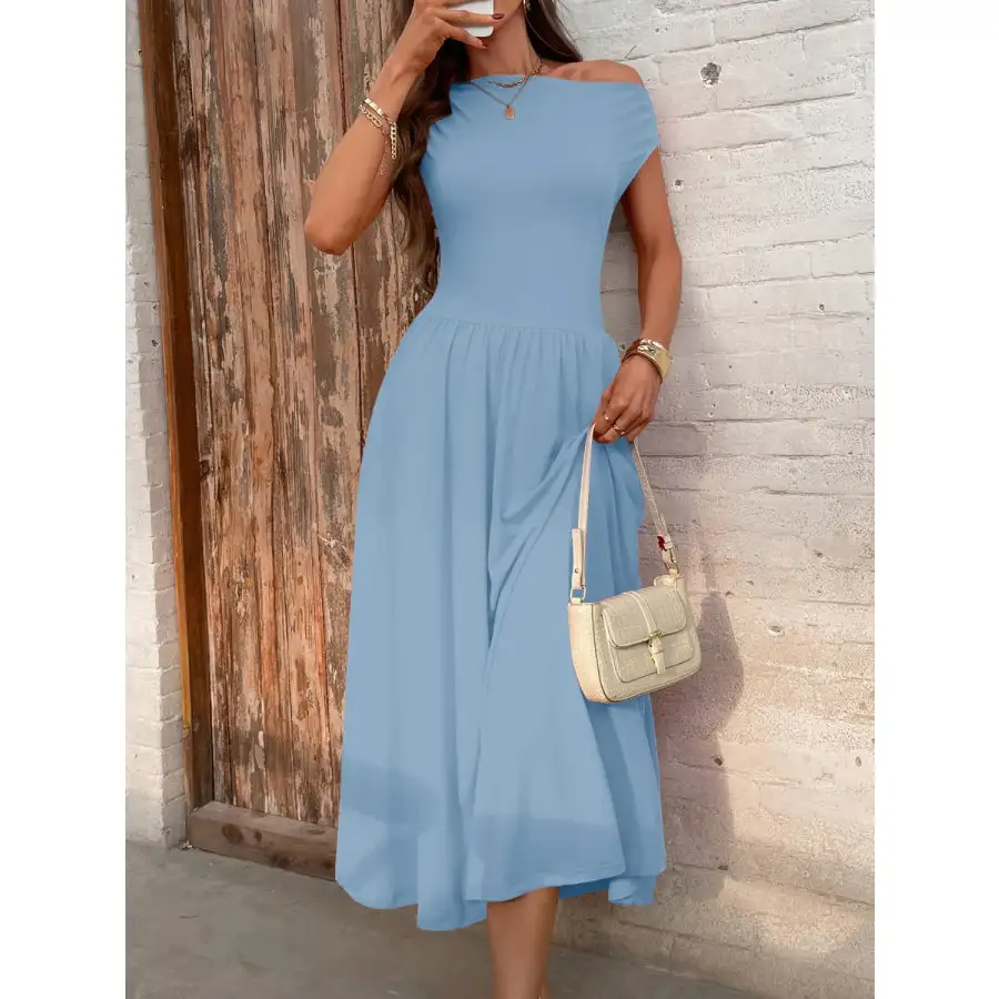 Single Shoulder Midi Dress with Pockets