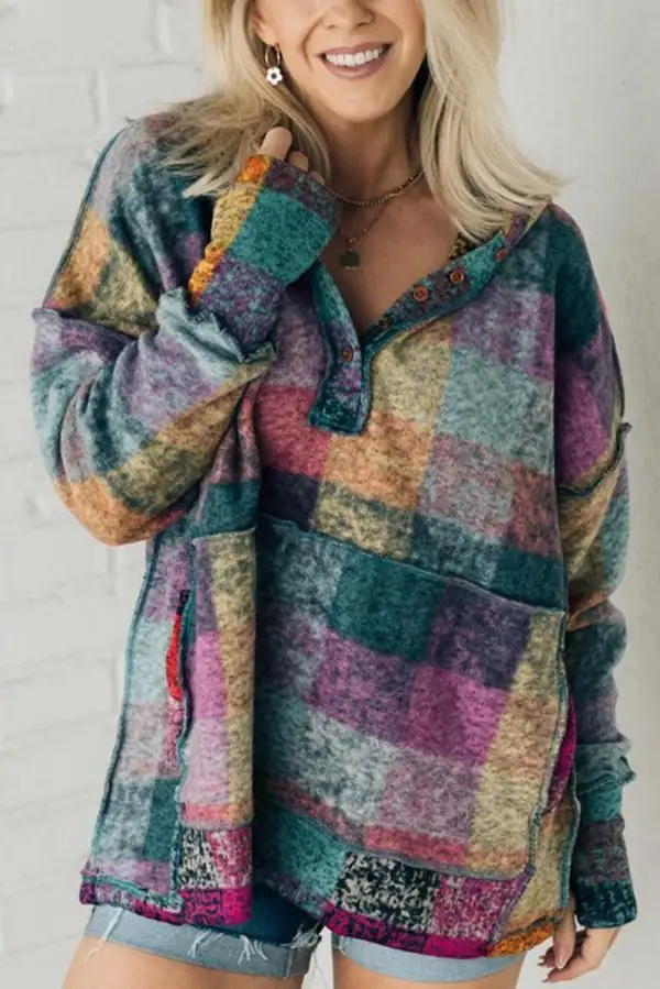 Brushed Plaid Buttoned Oversized Hoodie