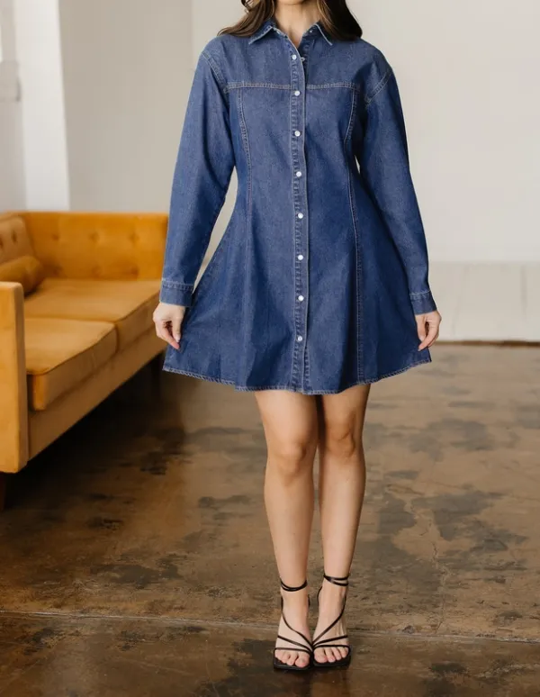 Denim Shirt-Collar Long-Sleeve Flared Mini Dress
