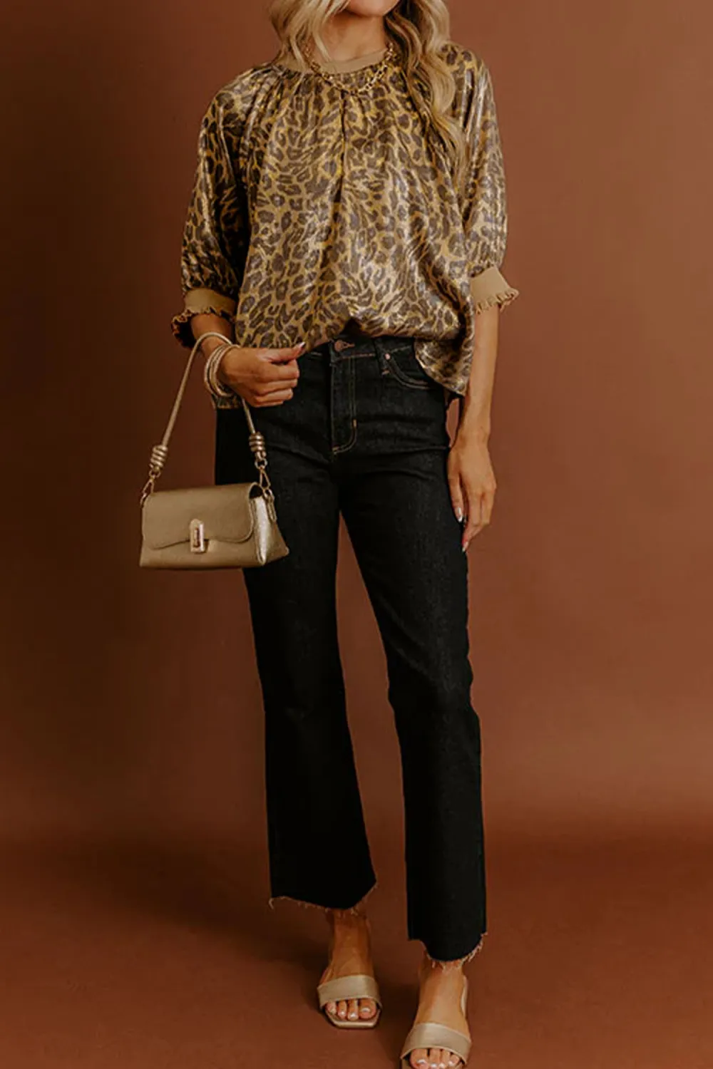 Gold Half Sleeve Metallic Leopard Blouse