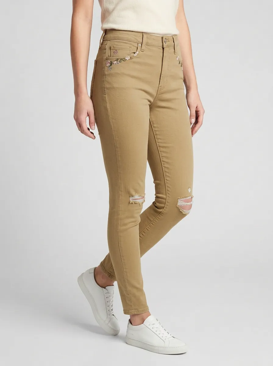 Women's Ridge Floral Embroidered Distressed Printed Slim Jeans