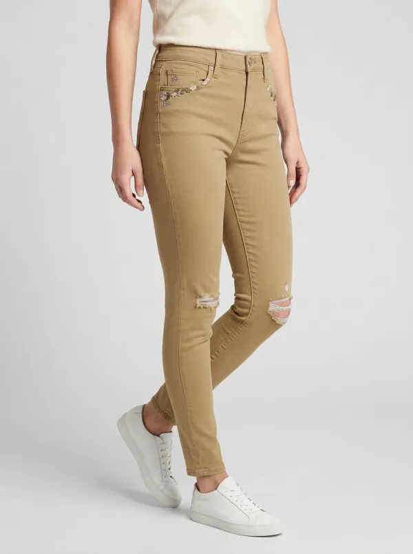 Women's Ridge Floral Embroidered Distressed Printed Slim Jeans