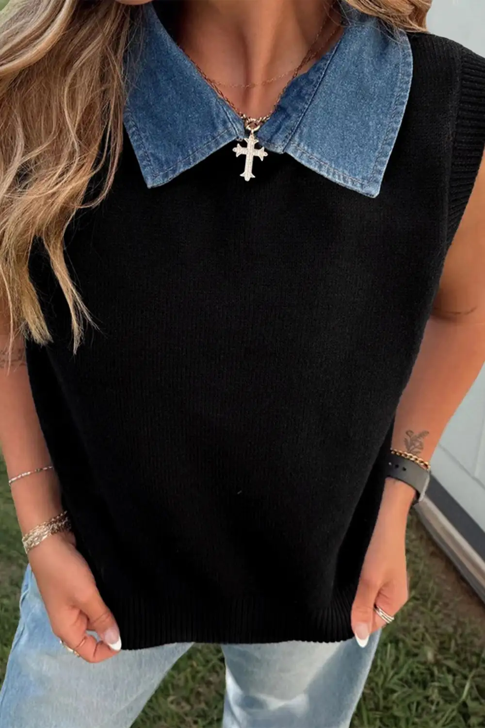 Denim Collar Patchwork Sweater Vest