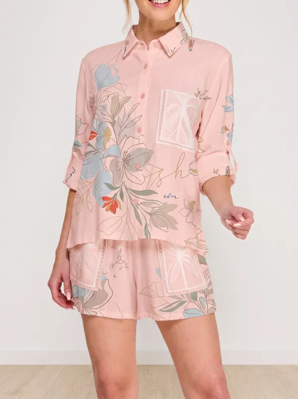 Women's Floral Botanical Art Printed Button Down Shirt