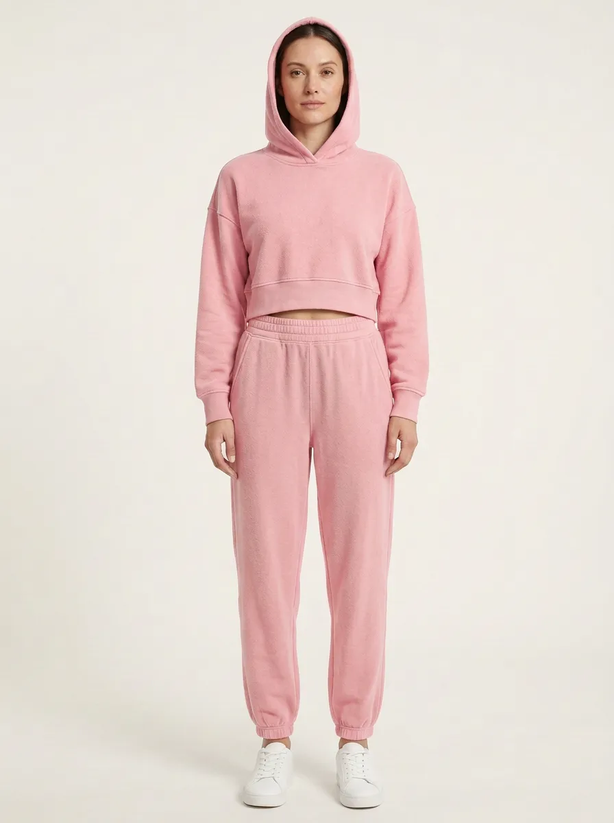 Women's Forest Green Drawstring-Free Cropped Hoodie and Jogger Set