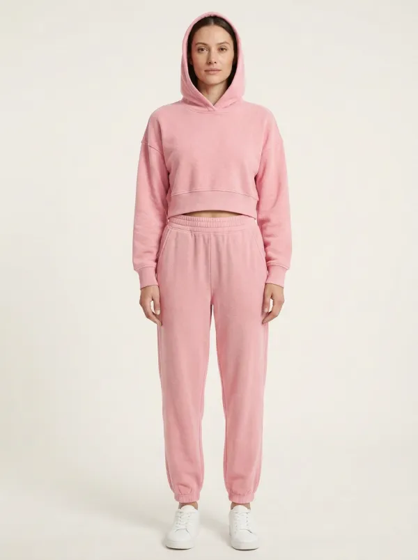 Women's Forest Green Drawstring-Free Cropped Hoodie and Jogger Set