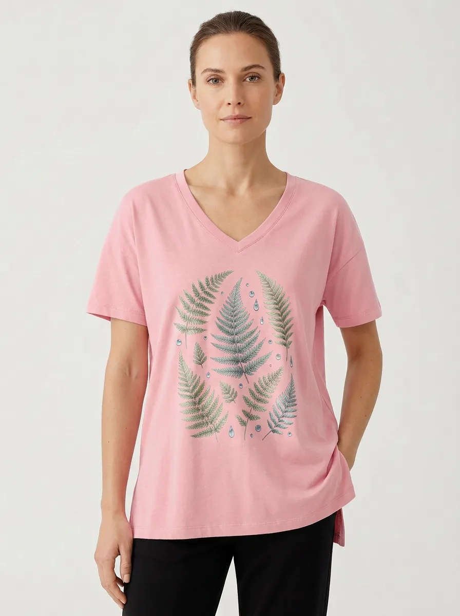 Women's Fern Leaf & Dewdrop Graphic V-Neck T-Shirt